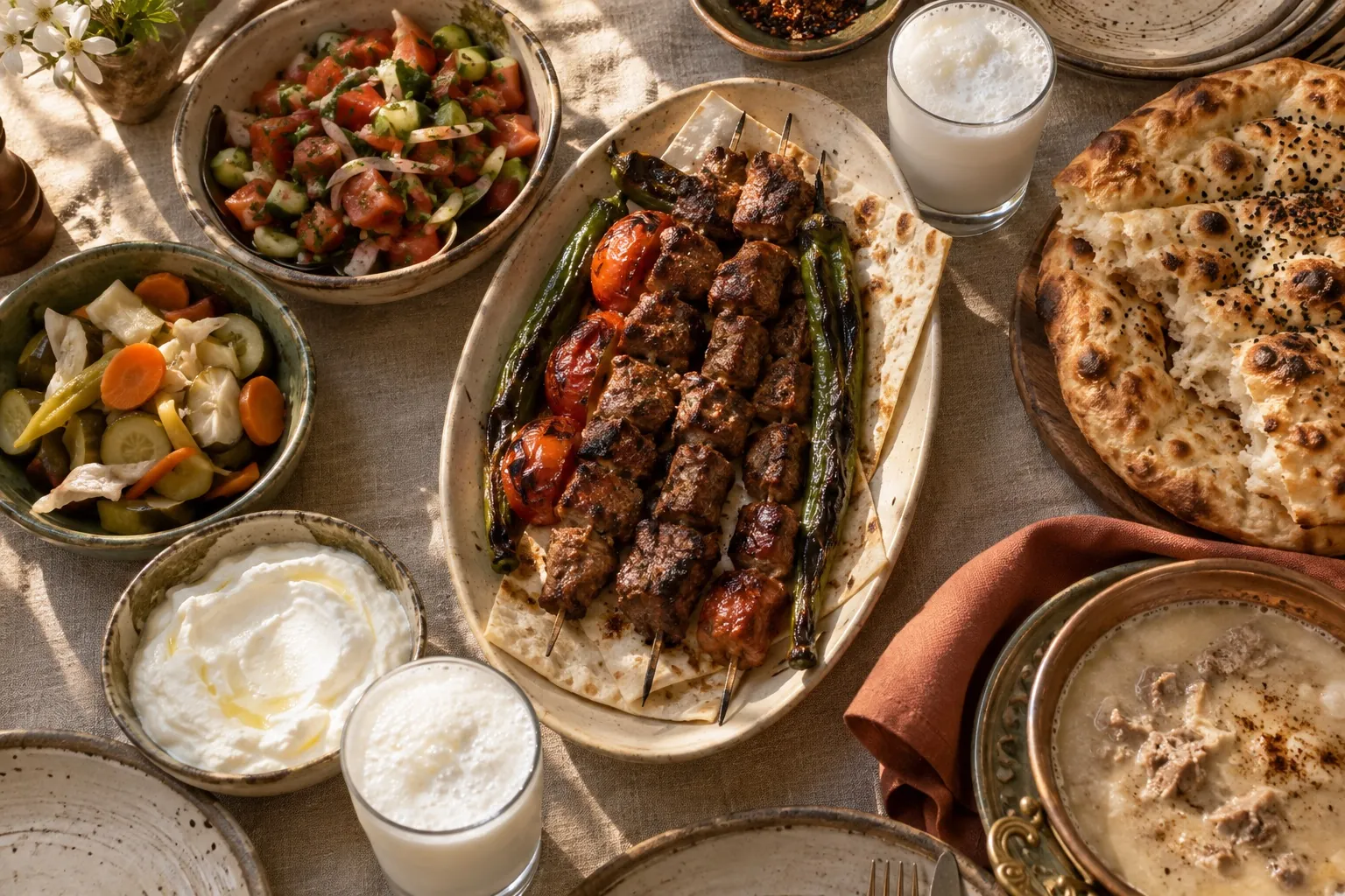 Nar Çiçeğim'de kurulmuş sofra: şiş kebap, çoban salatası, ayran ve sıcak pide